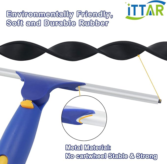 ITTAR Rotatable Window Cleaning Kit, Window Cleaner Squeegee with 60" Extension Pole, Rubber Squeegee & 2 Microfiber Scrubber Combo, Window Washing Equipment for Cleaning Shower, Windows, Car Glass