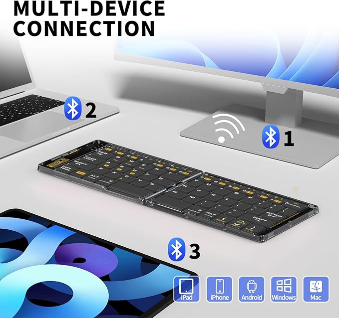 Foldable & Folding Wireless Keyboard Set Combo for iPad, Transparent Bluetooth Typepad & Mouse, Compatible with iOS, Windows, Android, Smartphones, Laptops, etc.