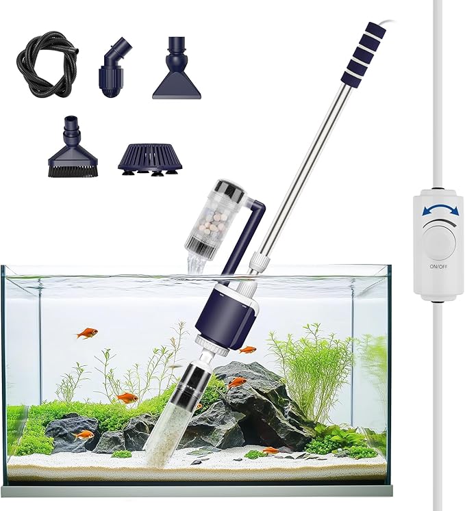 AQQA DC Fish Tank Cleaner, Electric Aquarium Water Changer with 6-in-1 Cleaning Heads & 3-Stage Filter Cup – Stainless Steel Handle Gravel Vacuum for Fish & Turtle Tanks, Adjustable Flow 34W 600GPH