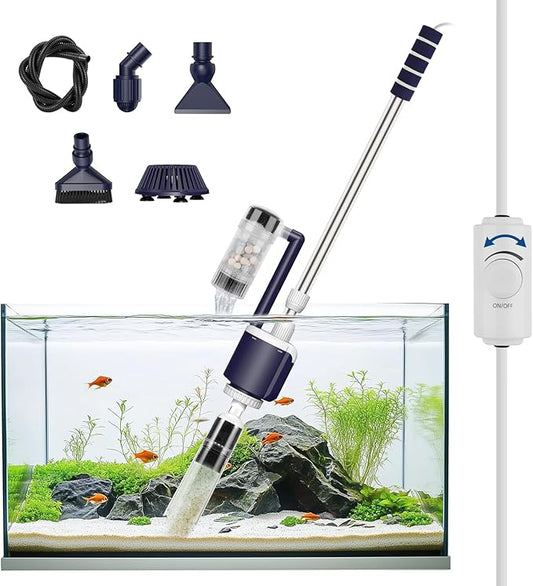 AQQA DC Fish Tank Cleaner, Electric Aquarium Water Changer with 6-in-1 Cleaning Heads & 3-Stage Filter Cup – Stainless Steel Handle Gravel Vacuum for Fish & Turtle Tanks, Adjustable Flow 34W 600GPH