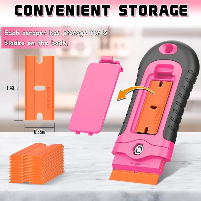 DIYSELF 2 Pcs Plastic Razor Blade Scraper with 10 Pcs Blades, Plastic Scraper Tool for Adhesive Remover, Scrapers for Cleaning Stickers, Decals, Glass, Windows, Car, No Scratches (Pink)