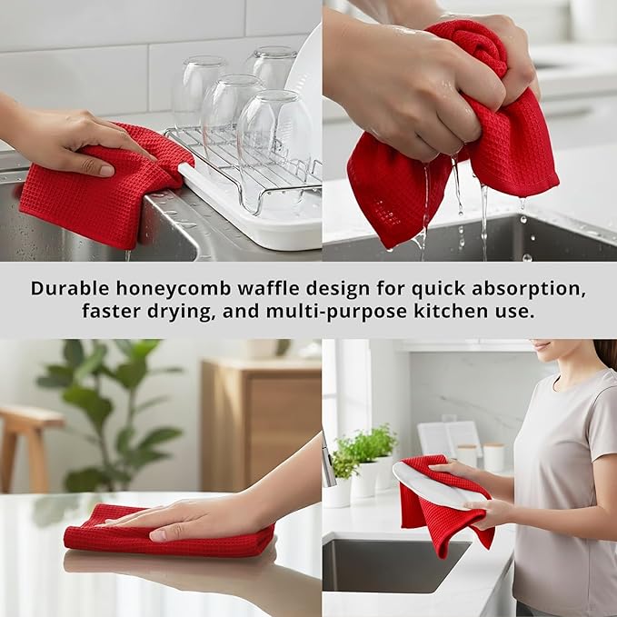 PurpleEssences Waffle Weave Kitchen Towel, 100% Cotton, 15x25 Inches, with Hanging Loop Ultra Soft Absorbent Quick Drying Dish Cloth, Tea and Hand Towels, 4 Pack - Christmas Holiday Winter - Red