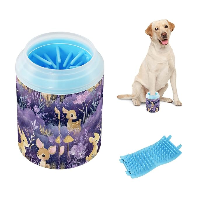 Dog Paw Cleaner Cups for Dogs Pets Foot Washer Paw Scrubber for Medium Small Cats Dogs Cute Cleaning Cup Purple Fawns Flowers Mushrooms Plants