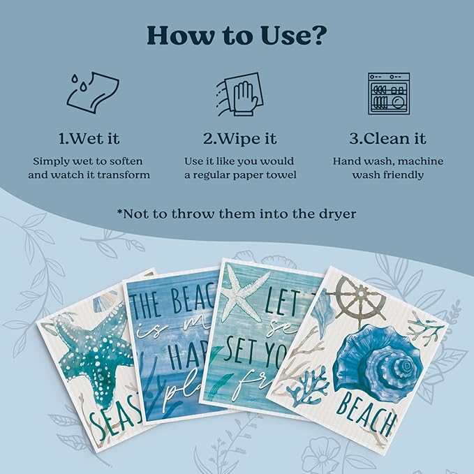 Swedish Dishcloths for Kitchen, Summer Coastal Ocean Beach Decor Kitchen Dish Towels for Washing Dishes, 4 Pack Reusable Paper Towels Washable, Sponge Cloths for Cleaning Home Kitchen Decor