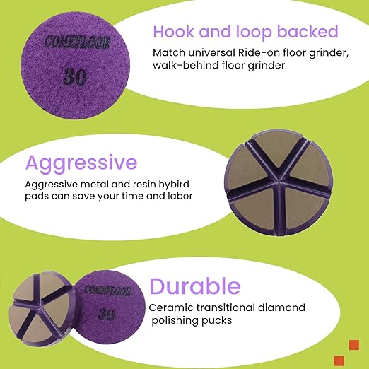 Hybrid Ceramic Transitional Diamond Polishing Pucks for Concrete Terrazzo Floor, 3 Inch Hook and Loop Aggressive Floor Grinding Discs, 30# 9PCS