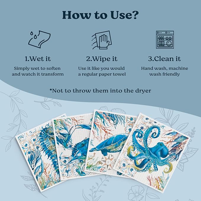Swedish Dishcloths for Kitchen, Summer Coastal Ocean Seahorse Beach Decor Kitchen Dish Towels for Washing Dishes, 4 Pack Reusable Paper Towels, Sponge Cloths for for Home Cleaning Cooking