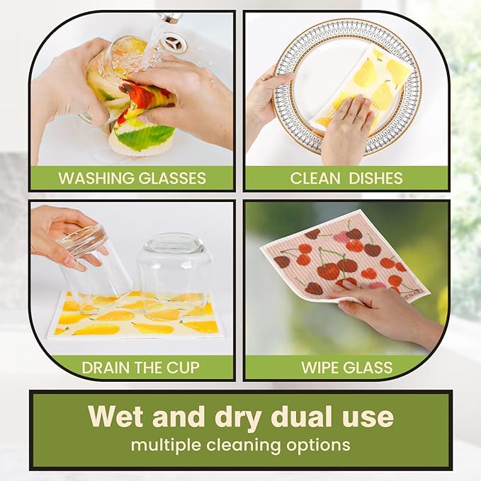 Swedish Dishcloths for Kitchen Reusable 6 Pack Kitchen Towels No Odor Quick-Drying Reusable Paper Towels Reusable Paper Towels Washable for Countertop, Sink, and Kitchen Fruit