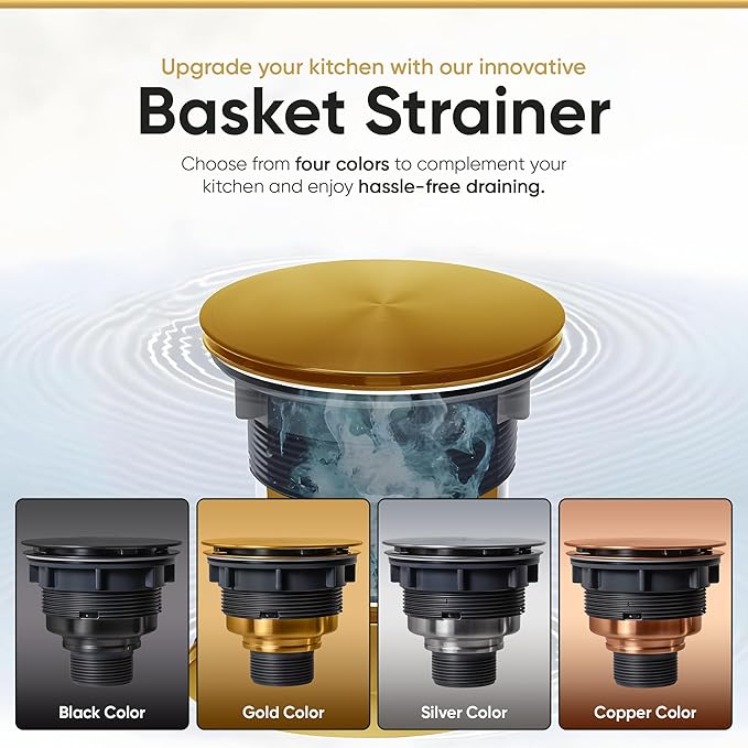 Strictly Sinks Sink Drain Strainer with Removable Basket - 3-1/2 Inch Stainless Steel Round Kitchen Sink Drain Assembly Kit with Deep Strainer Basket & Flat Cover Lid (Gold)