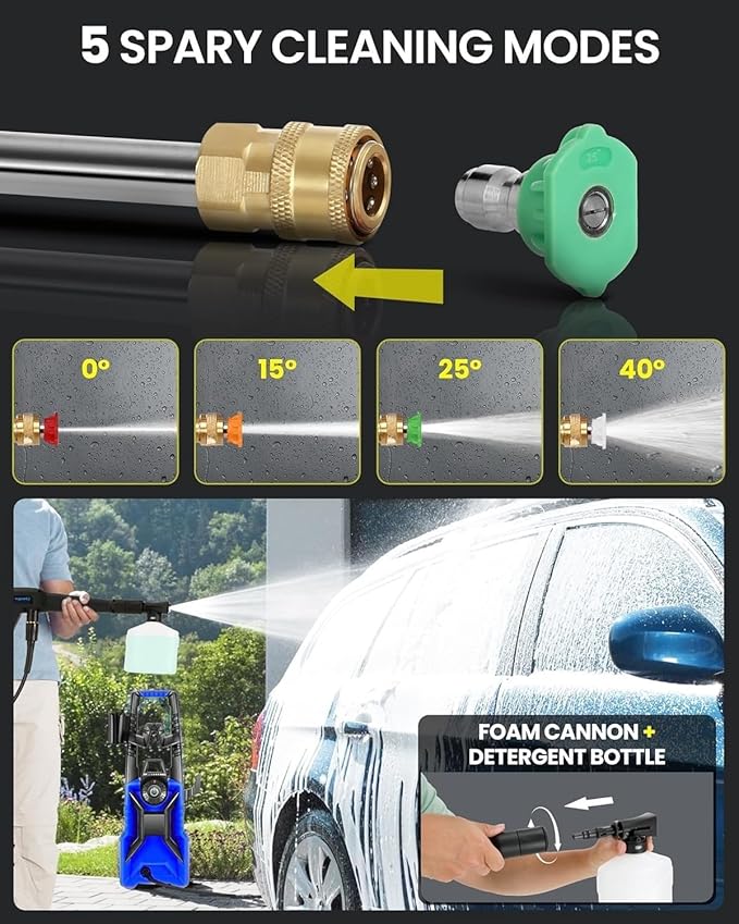 5000PSI Pressure Cleaner Adjustable Pressure,Power Cleaner with Foam Cannon,4 Nozzles,33FT Hose and 500ml Soap Bottle for Home/Cars/Driveways/Patios/Fences