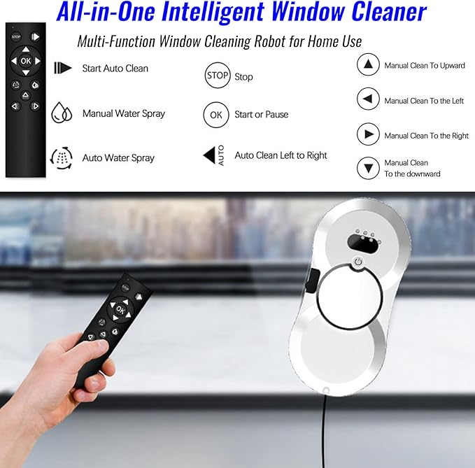 Window Cleaning Robot, Automatic Window Cleaner with Water Spray, 5600Pa Suction, 3.0 Path Planning, Remote Control, for Indoor Outdoor Windows Glass Tiles Door