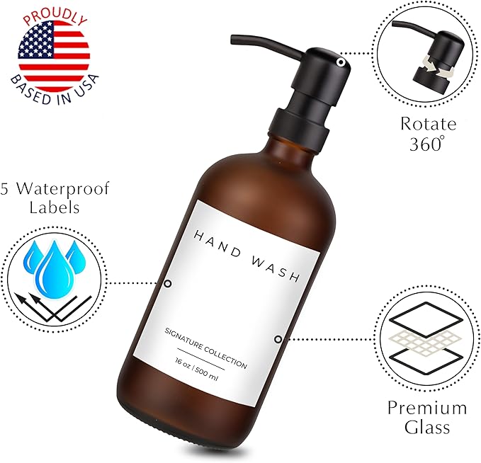 Emerson Essentials Glass Soap Bottle Dispensers, 2 Pack, Stainless-Steel Pumps Rust-Free, Hand Set for Bathroom Kitchen Sink, Liquid Lotion Shampoo Jars with 4 Waterproof Labels, 16 Oz Amber/Black