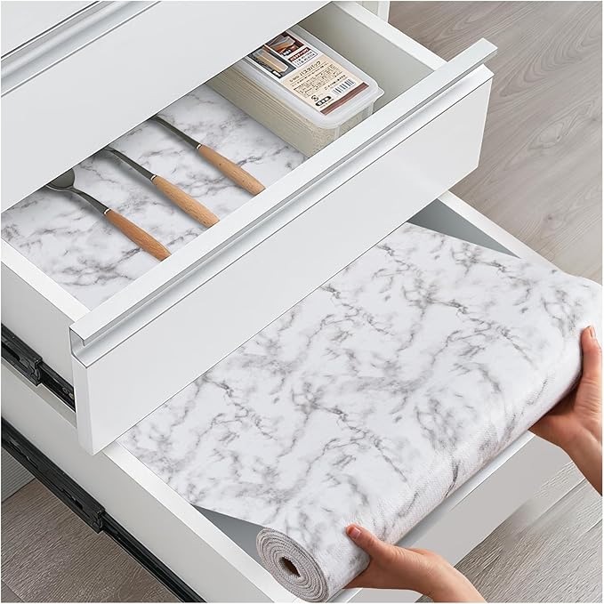 Drawer and Shelf Liner, Non-Slip Kitchen Cabinet Liners Non-Adhesive Thick Strong Grip Waterproof Washable Mats Protect Dresser Shelves Cupboard Bathroom Cabinets, White Marble, 18 in X 10 FT