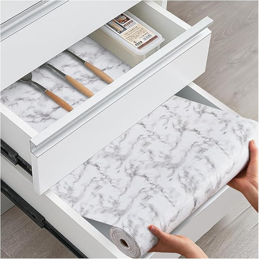 Drawer and Shelf Liner, Non-Slip Kitchen Cabinet Liners Non-Adhesive Thick Strong Grip Waterproof Washable Mats Protect Dresser Shelves Cupboard Bathroom Cabinets, White Marble, 18 in X 10 FT