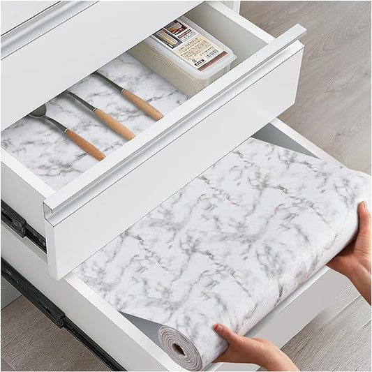 Drawer and Shelf Liner, Non-Slip Kitchen Cabinet Liners Non-Adhesive Thick Strong Grip Waterproof Washable Mats Protect Dresser Shelves Cupboard Bathroom Cabinets, White Marble, 12 in X 30 FT