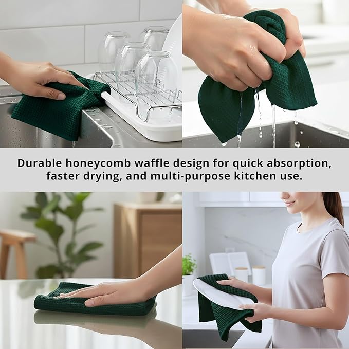 PurpleEssences Waffle Weave Kitchen Towel, 100% Cotton - 15x25 Inches, with Hanging Loop Ultra Soft Absorbent Quick Drying Dish Cloth, Tea and Hand Towels, 6 Pack - Christmas Holiday Winter - Green