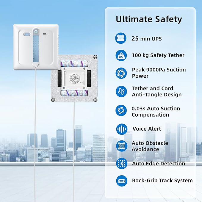 Window Cleaning Robot - Patented DualFore Tech, Turbo Roller Brush + Microfiber Pad Combo Cleaning, 6 Wide-Angle Spray Nozzles, AI Nav, Multi-Layer Safety, App/Remote Control