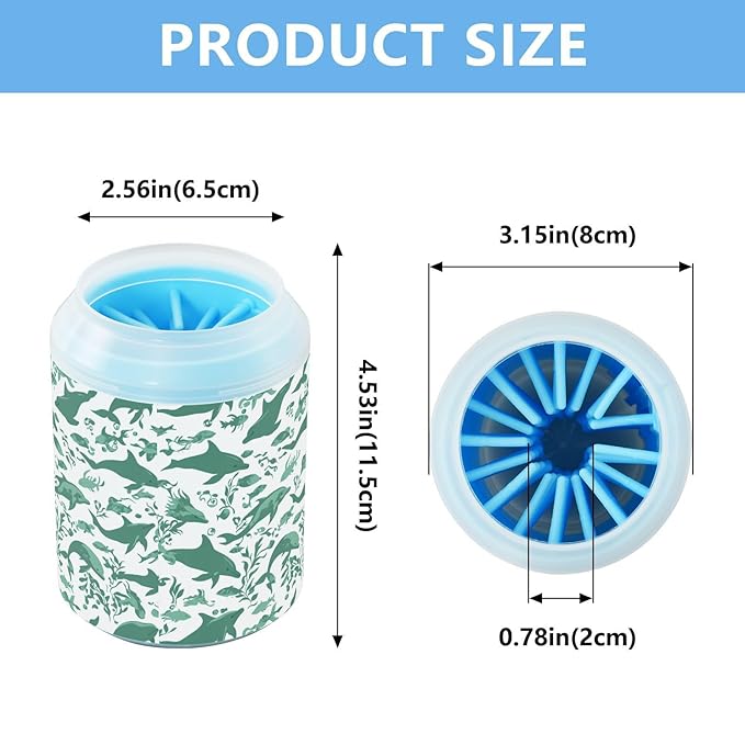 Dog Paw Cleaner Cups for Dogs Pets Foot Washer Paw Scrubber for Medium Small Cats Dogs Cleaning Cup Green Dolphins Fish and Seaweed