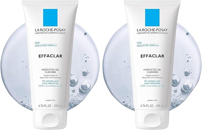 La Roche-Posay Effaclar Medicated Gel Cleanser,2% Salicylic Acid Cleanser + LHA + Glycerin,Foaming Acne Face Wash,Helps Clear & Prevent Acne Breakouts,Oil Free,Targets Excess Oil,(Pack of 2)