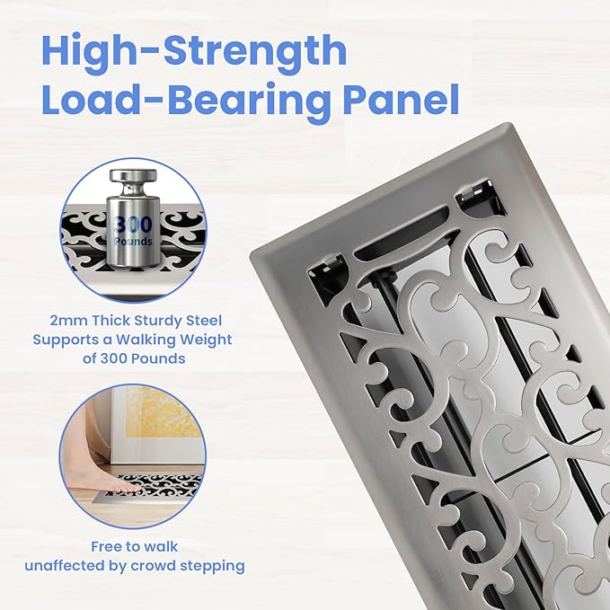 4x10 Inches 2 Pack Heavy Duty Walkable Floor Register - Easy Adjust Air Supply Lever Decorative Floor Vent Covers - Savannah Design Vent Covers for Home - Satin Nickel