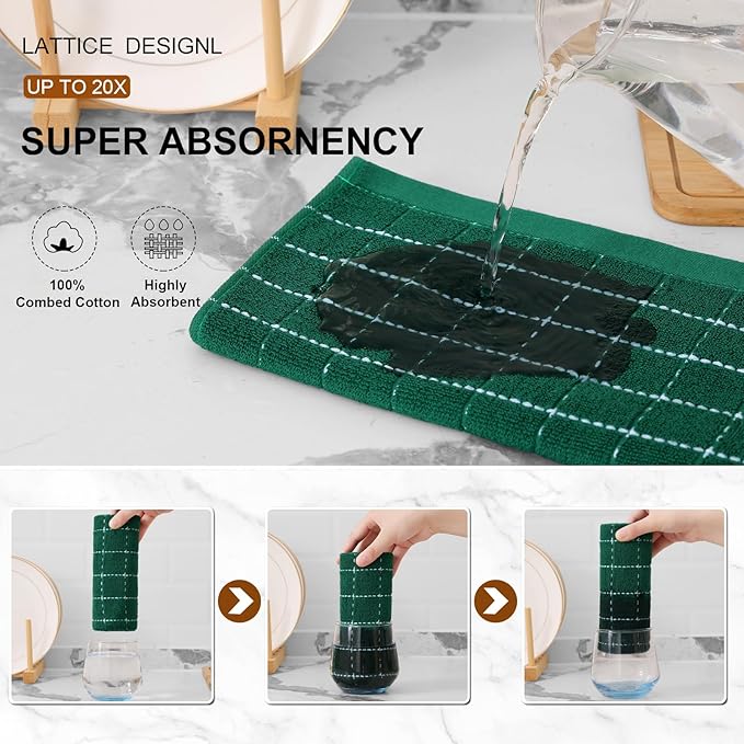 Mordimy 100% Cotton Terry Cloth Kitchen Towels, Super Soft and Absorbent Dish Towels for Drying, Checkered Designed Hand Towels for Kitchen, 16 x 26 Inches, 8 Pack, Dark Green