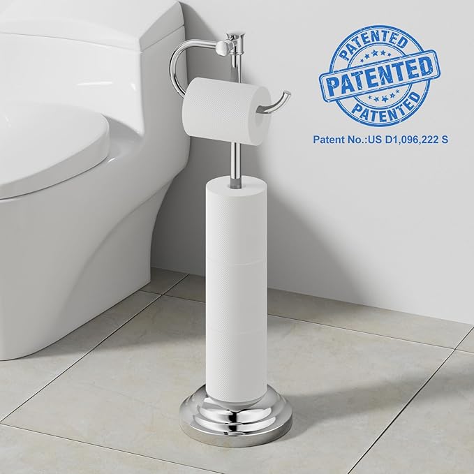 RUMOSE Toilet Paper Holder Stand for Floor, Polished Chrome Bathroom Free Standing Toilet Tissue Roll Holder with Storage, Adjustable 17-25 Inch, SUS304 Stainless Steel