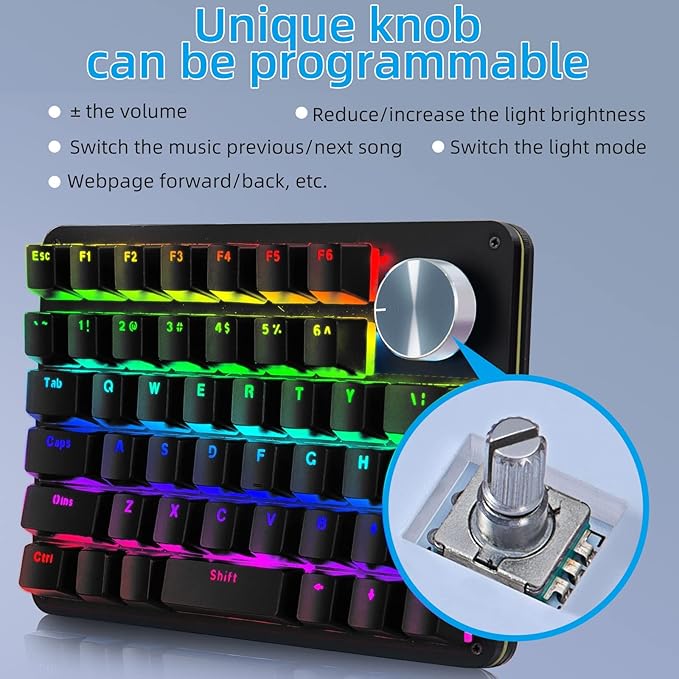 Koolertron One Handed Mechanical Gaming Keyboard, 45-Key Fully Programmable Mini Keypad, Mini USB Macro Keyboard with Rotating Knob, RGB Backlit Red Switches, for Windows PC Gamers