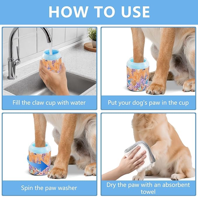 Dog Paw Cleaner Cups for Dogs Pets Foot Washer Paw Scrubber for Medium Small Cats Dogs Cute Cleaning Cup Orange Dolphins Flowers Coral Waves
