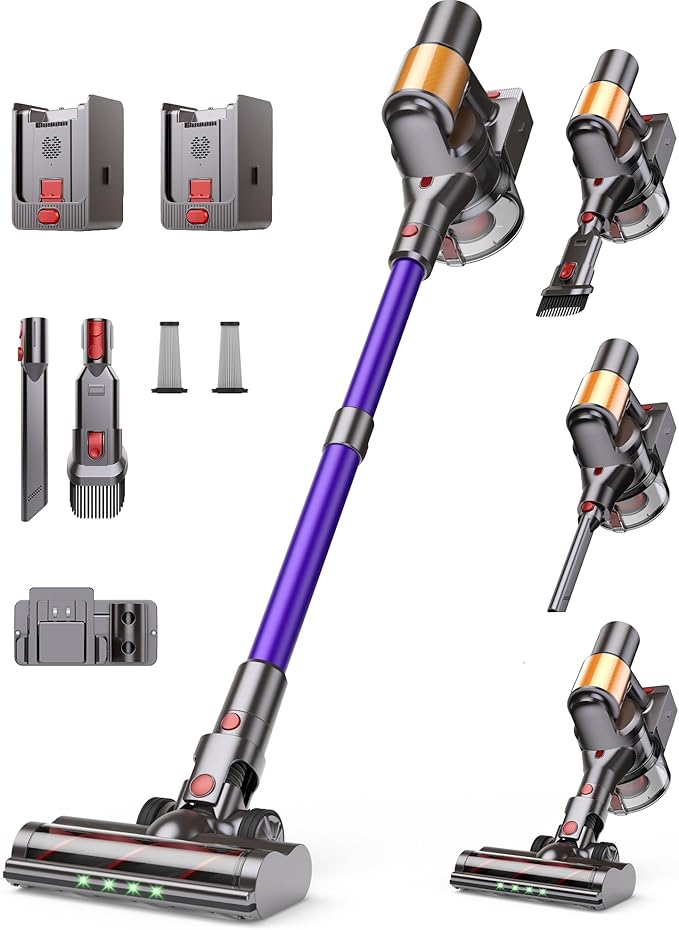 Cordless Vacuum Cleaner, 2 Batteries 120 Mins Runtime, 600W 50KPA Stick Vacuum with Self-Standing, Tangle-Free Brush, LED Display, Vacuum Cleaner for Home Hardwood Floor, Carpet, Pet Hair