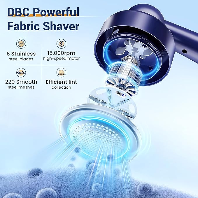DBC Rechargeable Fabric Shaver and Lint Remover,2.7' Sweater Shaver with 3-Speeds and 6-Leaf Blades, 2hours runtime, 2 Replaceable Blades, Battery Operated,Remove Pilling, Furniture,Fuzz,Lint Ball