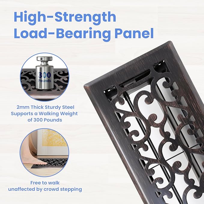 4x12 Inches Heavy Duty Walkable Floor Register - Easy Adjust Air Supply Lever Decorative Floor Vent Covers - Savannah Design Vent Covers for Home - Oil Rubbed Bronze