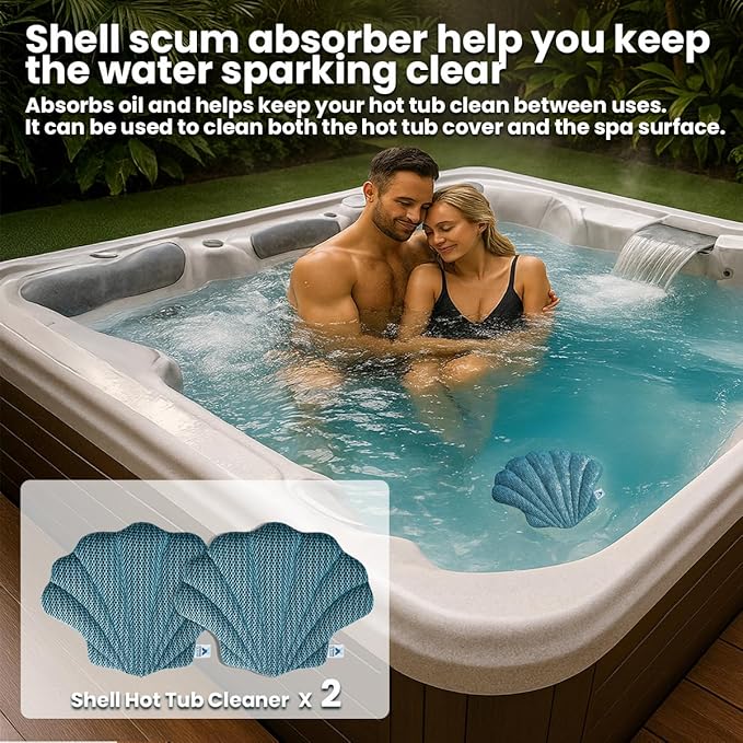 Hot Tub Scum Absorber 2-Pack for Spa & Pool – Oil Absorbing Seashell Clean Pad, Hot Tub Accessories for Adults, Scum Remover for Hot Tub Cleaner, Spa Scum Sponge for Oil, Foam