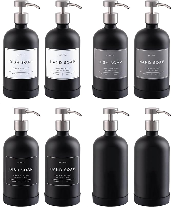 Hand and Dish Soap Dispenser for Kitchen and Bathroom, Set of 2 16 Oz Glass Bottles, Stainless Steel Pumps, Non-Slip Silicone Base, 27 Waterproof Labels (Matte Black Bottle/Brushed Silver Pump)