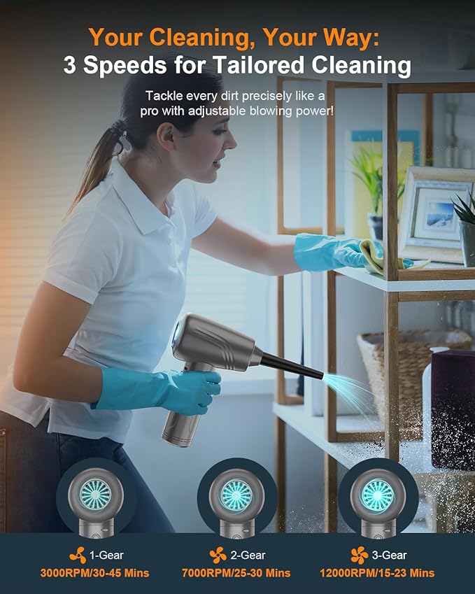BNKKY 11-in-1 Compressed Air Duster, 3-Gear Adjustable 120000 RPM Electric Air Duster with LED Light, Reusable no Canned Keyboard Cleaner for Office, 9000mAh Cordless Air Duster for Computer/Car