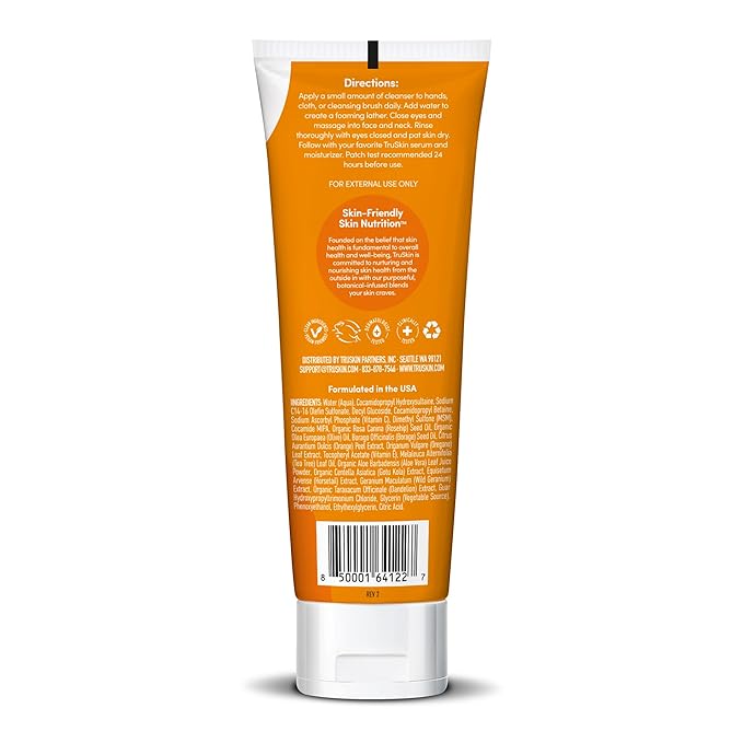 TruSkin Vitamin C Face Wash Cleanser - Brightening Facial Cleanser with Vitamins C & E, Rosehip Oil, Aloe Vera & MSM - Gently Cleanses, Refreshes & Supports Radiant Skin - 5 fl oz
