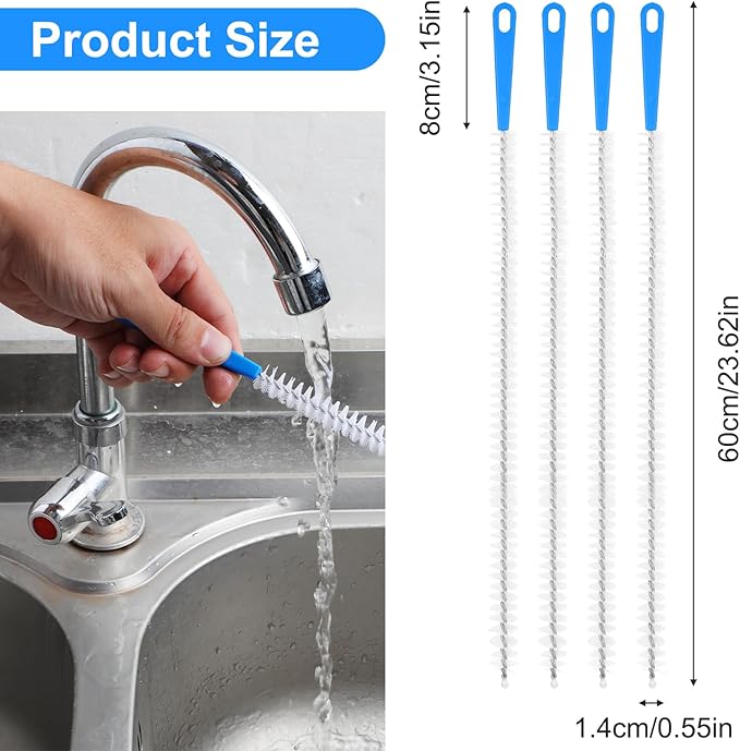 4 Pack Flexible Drain Cleaning Brush, 23.6inch Long Drain Clog Remover Tool with Nylon Bristles Rust-Resistant Sink Unblocker Tool for Toilet Kitchen Shower Sewer Tub