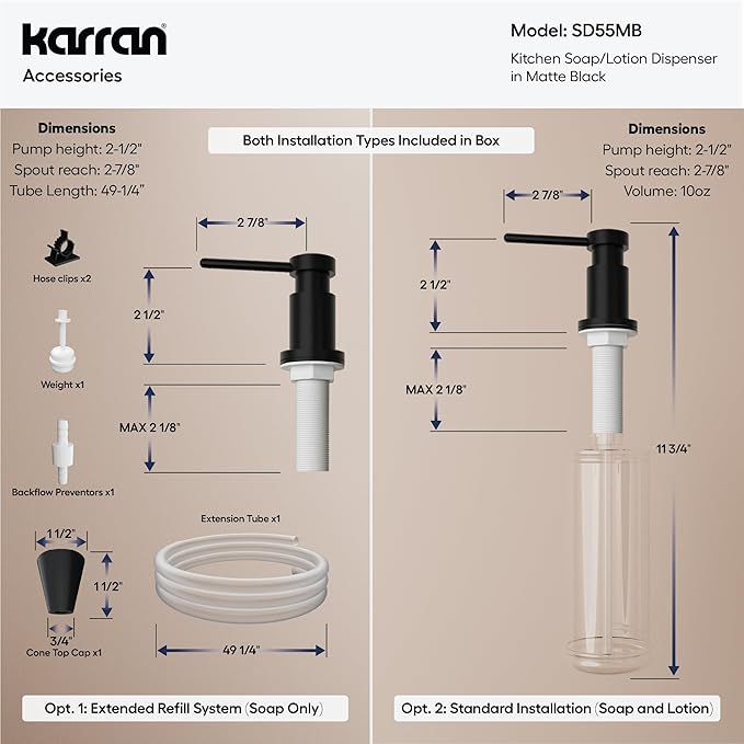 Karran SD55 Kitchen Soap Dispenser – Premium Lead-Free Brass, Dual Refill Options, 47" Undermount Tube for Large Bottles, Self-Priming Pump, Commercial-Grade Durability Matte Black