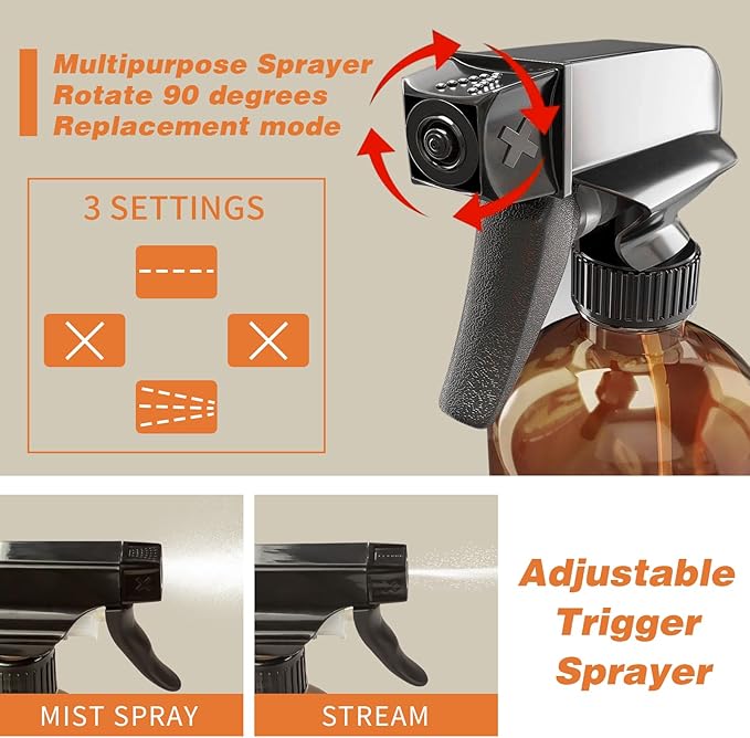 Glass Spray Bottle, 3 Pack 16oz Empty Sprayer with Funnel & Cap & Labels, Large Refillable Mist Bottles for Cleaning, Plant, Essential Oil, Facial Hydration, Water Flowers & Hair Care, (Amber)
