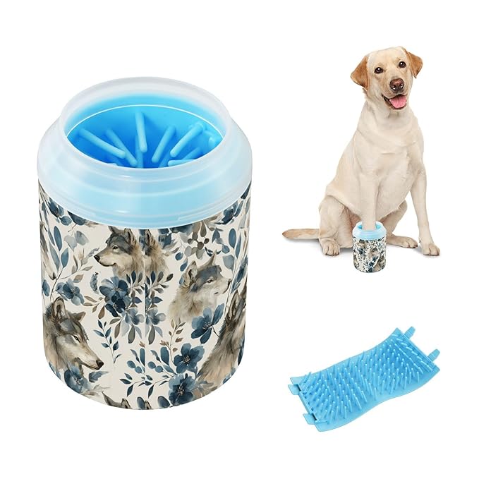 Dog Paw Cleaner Cups for Dogs Pets Foot Washer Paw Scrubber for Medium Small Cats Dogs Cute Cleaning Cup Watercolor Wolves Flowers Grey