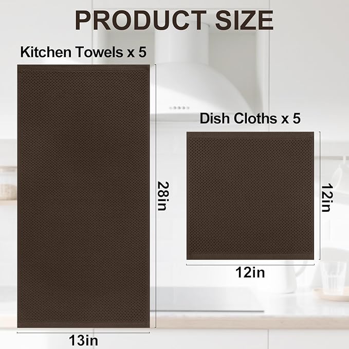 Homaxy 100% Cotton Kitchen Towels and Dishcloths Set, 12 x 12 Inches and 13 x 28 Inches, Set of 10 Bulk Kitchen Towels Set, Ultra Soft Absorbent Dish Cloths for Washing Dishes, Dark Brown