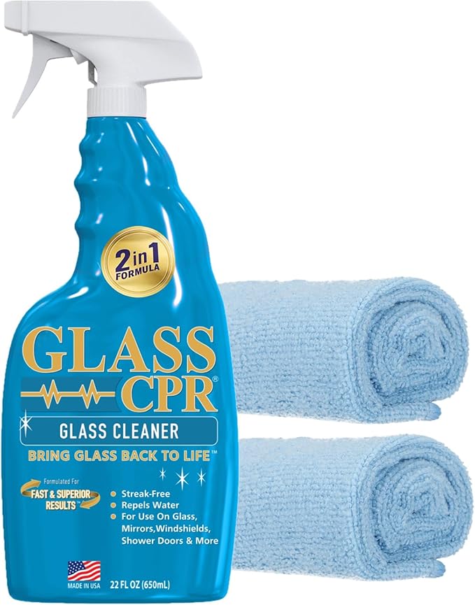 CPR Glass 2-in-1 Glass Cleaner & Water Repellent (22oz) + 2 Microfiber Applicator Towels | Deep Cleaning for Glass, Mirrors, Windows, Windshields, Shower Doors