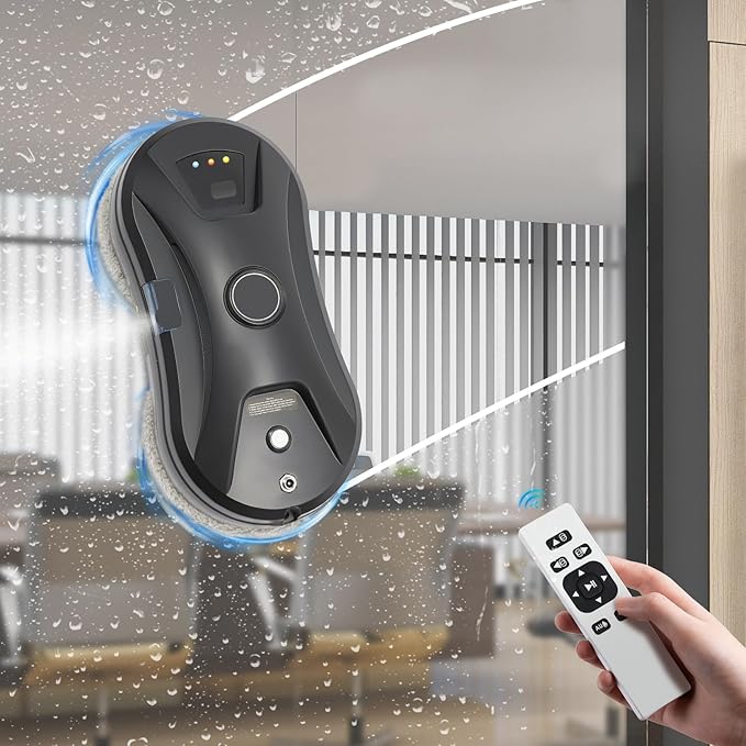 Window Cleaner Robot Automatic Cleaning with Intelligent Path Planning 2800Pa Suction Power Edge Detection Technology Remote Control with 4m/13.12ft Safety Rope (Black)
