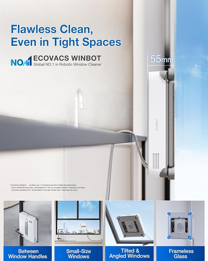 ECOVACS WINBOT MINI2 Window Cleaning Robot, Robot Window Cleaner with 6 Smart Cleaning Modes, Win-SLAM 4.0 Navigation, Automatic Glass Cleaner for Windows, Mirrors & Glass Doors