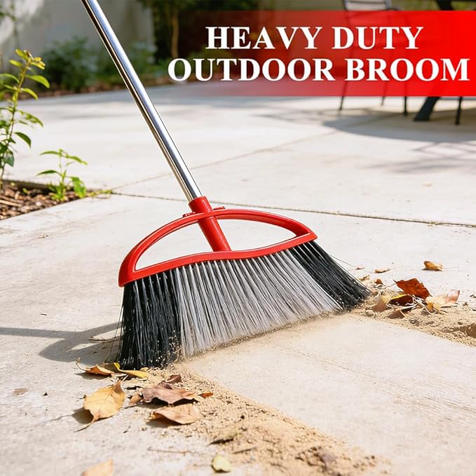 Outdoor Heavy Duty Broom, 15.7'' Wide with Long Handle, Angle Broom with Stiff Bristles for Sweeping Patio, Garden, Garage, Yard