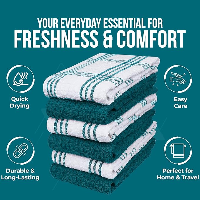 DAN RIVER Premium Kitchen Towels - [Pack of 6] 100% Cotton (16x 26 Inches) -Super Soft,Highly Absorbent, Quick Dry, Dish Towels for Kitchen Towels -Teal