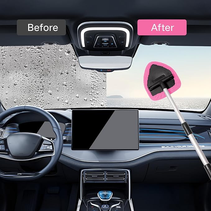7pcs Windshield Cleaner Tool Car Window Cleaning Wash Kit with 4 Reusable Microfiber Pads 1 Spray Bottle and Extendable Handle Auto Glass Wiper Kit, Pink