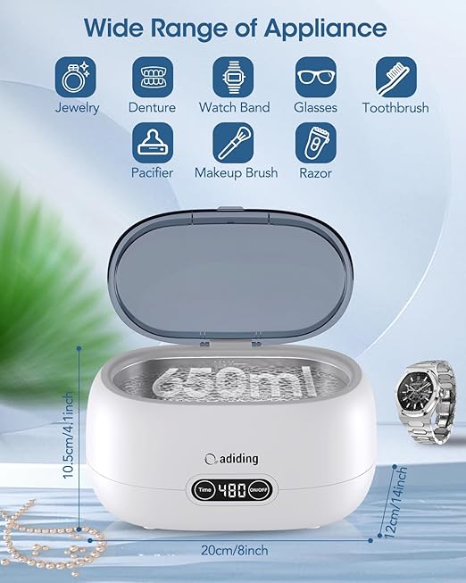 Adiding Jewelry Cleaning Machine, 650mL Ultrasonic Glasses Rings Cleaner Professional Denture Coins Watch Cleaner with 5 Digital Timer Degas Mode Diamond Earrings Necklaces