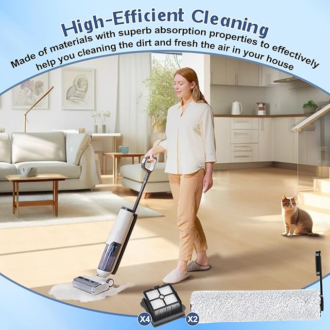 Roller Brush and Filters Replacement Parts for Tineco Floor ONE S5/S5 Pro/S5 Pro 2/S5 Extreme Cordless Wet Dry Vacuum Cleaner- 2 Roller Brushes + 4 HEPA Filters + 1 Cleaning Brush (7 Pcs)