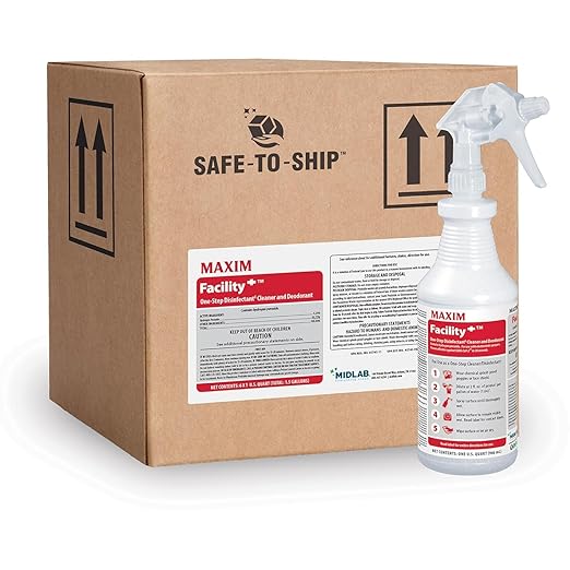 Midlab Maxim Facility+ One Step Disinfectant Cleaner and Deodorant, 1 Quart (32oz), Pack of 6, Includes 1 Trigger Sprayer, Contains Hydrogen Peroxide, Use for Fentanyl Decontamination at Full Strength