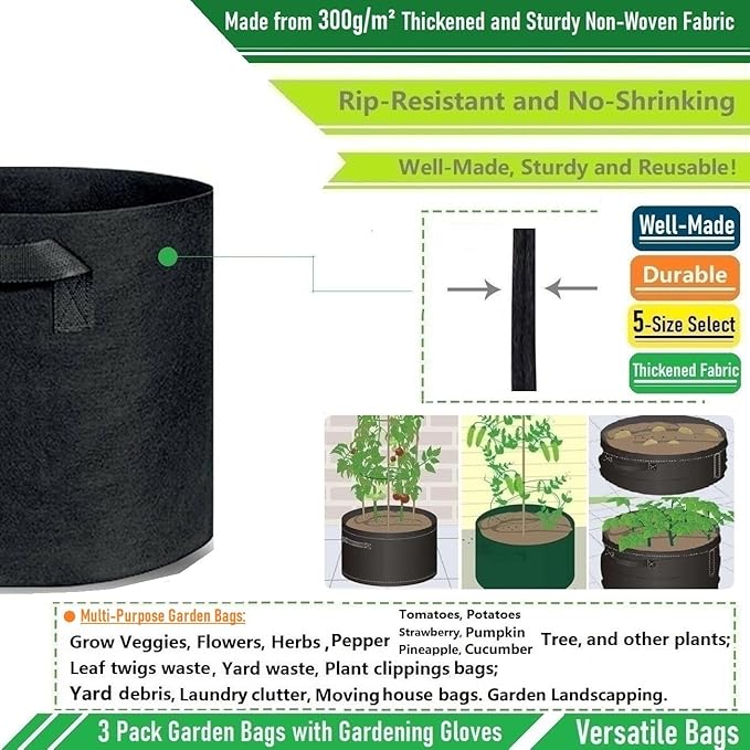 3-Pack 20 Gallon Thickened Plant Grow Bags Large (22x12 in) Heavy Duty Fabric Plant Pots Garden Bag for Tomato,Potato Planter,Flower Pots,Herbs Veggies Planting,Barrel Planter,Leaf Bag,Yard Waste Bags