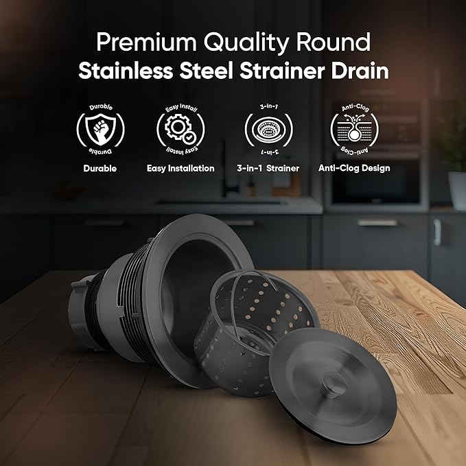 Strictly Sinks Sink Drain Strainer with Removable Basket - 3-1/2 Inch Stainless Steel Round Kitchen Sink Drain Assembly Kit with Deep Strainer Basket & Stopper (Black)